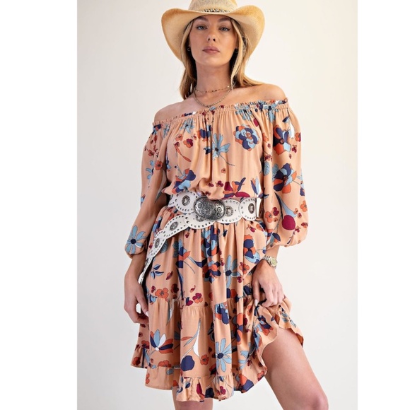 "The Roxy" Latte Floral Smocked Waist Dress - Picture 1 of 6